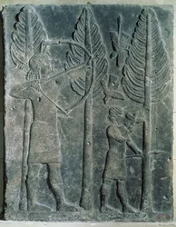 Relevo retratando a caça de pássaros na floresta, do Palácio de Sargão II em Khorsabad, Iraque (gesso)